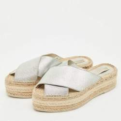Pre Owned Stella McCartney Silver Faux Leather Crisscross Platform Espadrille Sandals Size 39