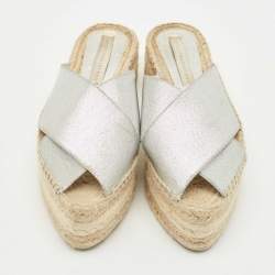 Pre Owned Stella McCartney Silver Faux Leather Crisscross Platform Espadrille Sandals Size 39