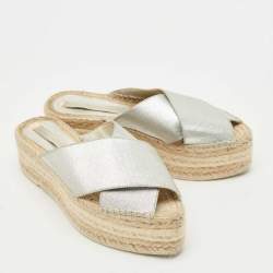 Pre Owned Stella McCartney Silver Faux Leather Crisscross Platform Espadrille Sandals Size 39