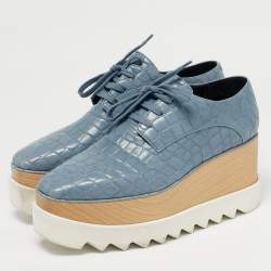 Pre Owned Stella McCartney Blue/White Faux Crocodile Leather Elyse Platform Derby Sneakers Size 37