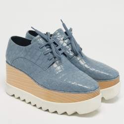 Pre Owned Stella McCartney Blue/White Faux Crocodile Leather Elyse Platform Derby Sneakers Size 37