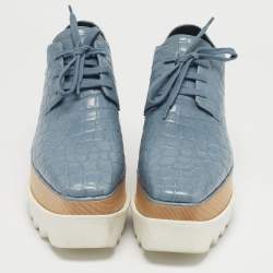 Pre Owned Stella McCartney Blue/White Faux Crocodile Leather Elyse Platform Derby Sneakers Size 37