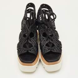 Pre Owned Stella McCartney Elyse Size 36.5 Black Woven Raffia Lace Up Platform Sandals