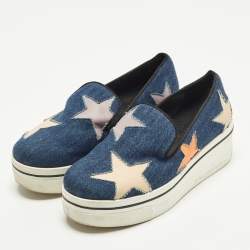 Pre Owned Stella McCartney Binx Star Size 37 Blue Denim and Faux Leather Platform Slip On Sneakers