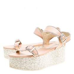 Stella McCartney Beige/Silver Faux Leather Geena Marble Platform Sandals Size 38