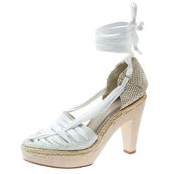 Stella McCartney White Canvas Espadrille Trim Tie Up Block Heel Sandals Size 38