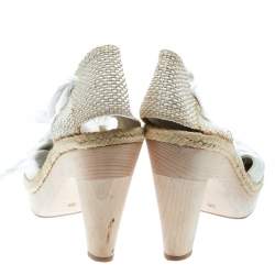 Stella McCartney White Canvas Espadrille Trim Tie Up Block Heel Sandals Size 38