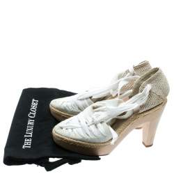 Stella McCartney White Canvas Espadrille Trim Tie Up Block Heel Sandals Size 38