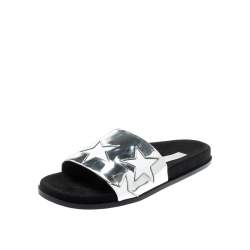 Pre Owned Stella McCartney Metallic Silver/White Leather Star Flat Slides Size 38