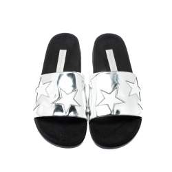 Pre Owned Stella McCartney Metallic Silver/White Leather Star Flat Slides Size 38