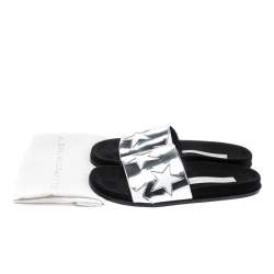 Pre Owned Stella McCartney Metallic Silver/White Leather Star Flat Slides Size 38