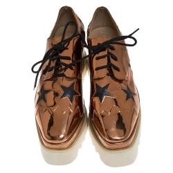 Pre Owned Stella McCartney Metallic Bronze Faux Patent Leather Elyse Star Platform Sneakers Size 37