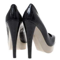 Pre Owned Stella McCartney Black Faux Croc Embossed Leather Platform Pumps Size 38.5