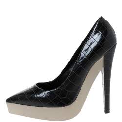 Pre Owned Stella McCartney Black Faux Croc Embossed Leather Platform Pumps Size 38.5