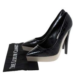 Pre Owned Stella McCartney Black Faux Croc Embossed Leather Platform Pumps Size 38.5