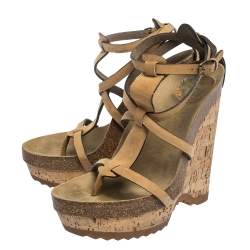 Pre Owned Stella McCartney Tan Faux Nubuck Demetra Cork Wedge Sandals Size 36.5