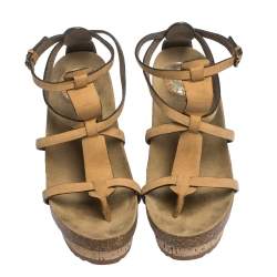 Pre Owned Stella McCartney Tan Faux Nubuck Demetra Cork Wedge Sandals Size 36.5