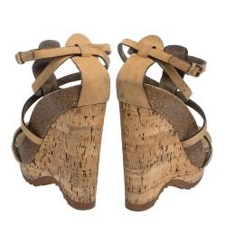 Pre Owned Stella McCartney Tan Faux Nubuck Demetra Cork Wedge Sandals Size 36.5