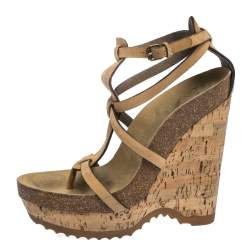 Pre Owned Stella McCartney Tan Faux Nubuck Demetra Cork Wedge Sandals Size 36.5