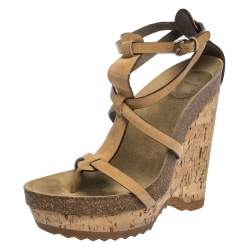 Pre Owned Stella McCartney Tan Faux Nubuck Demetra Cork Wedge Sandals Size 36.5