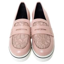 Pre Owned Stella McCartney Pink Faux Leather And Lace Penny Platform Loafers Size 38
