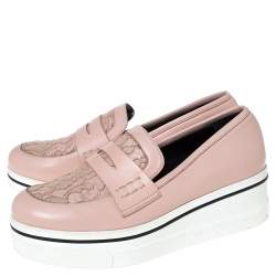 Pre Owned Stella McCartney Pink Faux Leather And Lace Penny Platform Loafers Size 38