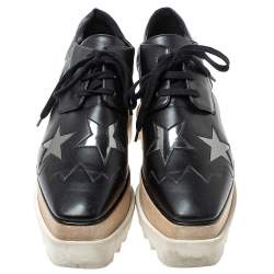 Pre Owned Stella McCartney Black Faux Leather Elyse Star Platform Lace Up Booties Size 37