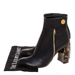 Pre Owned Stella McCartney Black Faux Leather Tortoise Block Heel "Percy" Ankle Booties Size 37.5