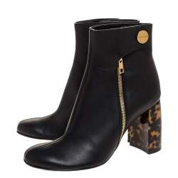 Pre Owned Stella McCartney Black Faux Leather Tortoise Block Heel "Percy" Ankle Booties Size 37.5