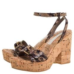 Pre Owned Stella McCartney Brown/Black Python Effect Faux Leather And Cork Platform Ankle Strap Sandals Size 38