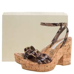 Pre Owned Stella McCartney Brown/Black Python Effect Faux Leather And Cork Platform Ankle Strap Sandals Size 38