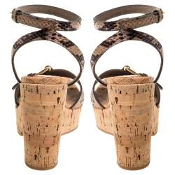 Pre Owned Stella McCartney Brown/Black Python Effect Faux Leather And Cork Platform Ankle Strap Sandals Size 38