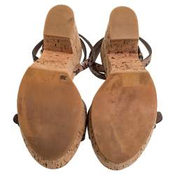 Pre Owned Stella McCartney Brown/Black Python Effect Faux Leather And Cork Platform Ankle Strap Sandals Size 38