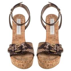 Pre Owned Stella McCartney Brown/Black Python Effect Faux Leather And Cork Platform Ankle Strap Sandals Size 38