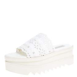 Pre Owned حذاء سلايدز ستيلا ماكرتني نعل سميك جلد صناعي بروكيد قصه دانتيل أبيض مقاس 39