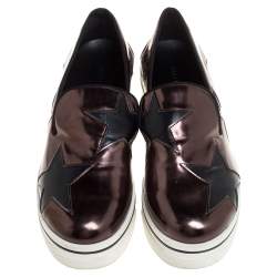 Pre Owned Stella McCartney Black/Brown Faux Leather Binx Star Platform Slip On Sneakers Size 38