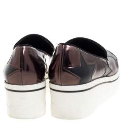 Pre Owned Stella McCartney Black/Brown Faux Leather Binx Star Platform Slip On Sneakers Size 38