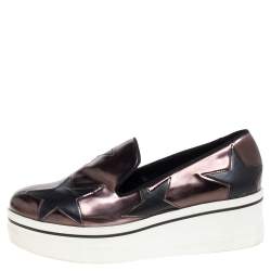 Pre Owned Stella McCartney Black/Brown Faux Leather Binx Star Platform Slip On Sneakers Size 38
