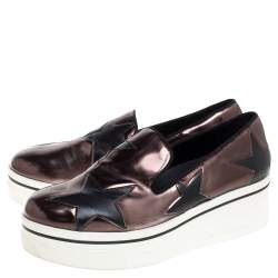 Pre Owned Stella McCartney Black/Brown Faux Leather Binx Star Platform Slip On Sneakers Size 38
