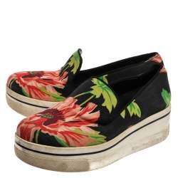 Pre Owned Stella McCartney Black Floral Printed Canvas Slip On Sneakers Size 37