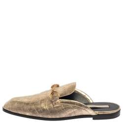 Pre Owned Stella McCartney Gold Faux Croc Embossed Leather Flat  Mules Size 38.5