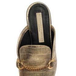 Pre Owned Stella McCartney Gold Faux Croc Embossed Leather Flat  Mules Size 38.5