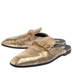 Pre Owned Stella McCartney Gold Faux Croc Embossed Leather Flat  Mules Size 38.5