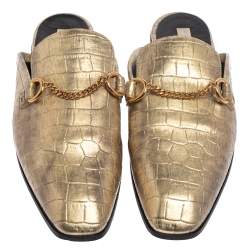 Pre Owned Stella McCartney Gold Faux Croc Embossed Leather Flat  Mules Size 38.5