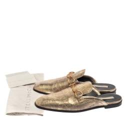 Pre Owned Stella McCartney Gold Faux Croc Embossed Leather Flat  Mules Size 38.5