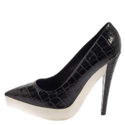 Pre Owned Stella McCartney Black Faux Croc Embossed Leather Pointed Toe Platform Pumps Size 39.5