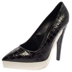 Pre Owned Stella McCartney Black Faux Croc Embossed Leather Pointed Toe Platform Pumps Size 39.5