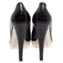 Pre Owned Stella McCartney Black Faux Croc Embossed Leather Pointed Toe Platform Pumps Size 39.5