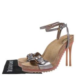 Stella McCartney Metallic Grey Faux Leather Ankle Strap Sandals Size 38