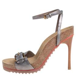 Stella McCartney Metallic Grey Faux Leather Ankle Strap Sandals Size 38